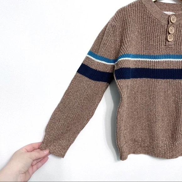 cat & jack | tan ribbed henley sweater stripe buttons 5t - Picture 3 of 7